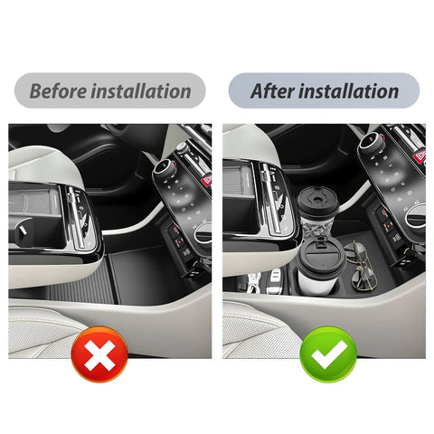Before and after installation of 2025 2026 Hyundai Tucson Center Console Organizer Lower Tray With Cup Holder in limited edition.