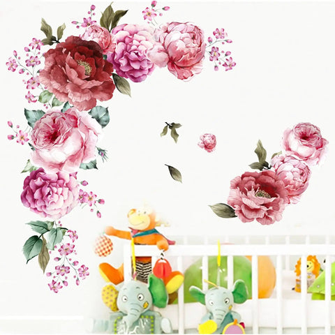 3D Peony Flower Wall Decals Peel And Stick Removable Wall Art for Kids Room showing vibrant pink peonies above crib