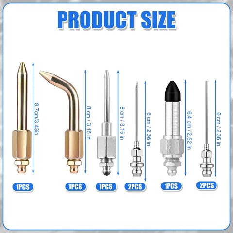 Grease Gun Accessory Kit with 4 Pro Grade Nozzles and Dispenser Straight and Bent Needle Attachments Flat and Sharp Tip Nozzles Rubber Adapter shown with size dimensions