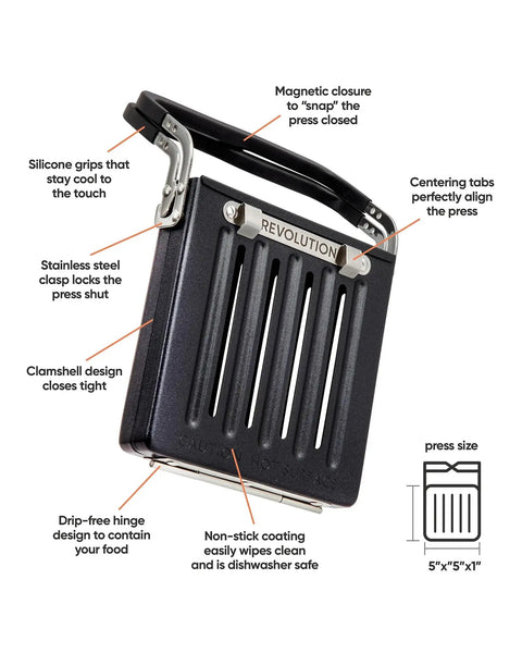 Revolution Toastie Press Fits Any Toaster for Grilled Cheese Quesadillas and Paninis, 5"x5"x1", with silicone grips and magnetic closure.