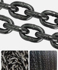 High strength manganese steel chain for heavy duty industrial applications, shown in various angles and configurations.
