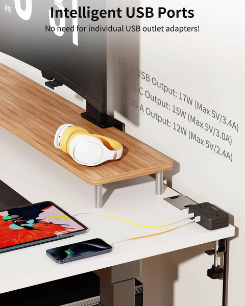 Desk setup with No Fuss 8 In 1 Desk Clamp Power Strip With 4 Outlets And 4 USB Ports, Includes 2 USB C, 10 Feet Under Desk Extension Cord, Black