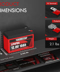 12V 10Ah LiFePO4 Battery With 5000 Plus Deep Cycles And 10 Year Life Beefy Yet Lightweight With 10A BMS IP67 Waterproof image showing dimensions, terminals, and weight.