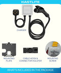 BreezEV Beefy 48 Amp Level 2 EV Charger package contents with charger, mounting plate, cable hook, and screws displayed.