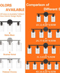Comparison chart of 4 Light Black Bathroom Vanity Light Fixtures with rustic farmhouse style, showing different sizes and finishes.