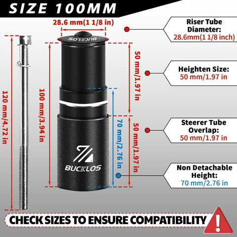Beefy 100mm Bike Stem Riser Extender For 1 1/8 Inch Forks 28.6mm Aluminum Handlebar Adapter with dimensions and components