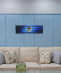 Horizontal Slatwall Panel With Laminated Star Universe Galaxy Art 40 Inch Wide 12 Inch Tall MDF in living room setting