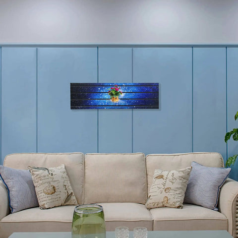 Horizontal Slatwall Panel With Laminated Star Universe Galaxy Art 40 Inch Wide 12 Inch Tall MDF in living room setting