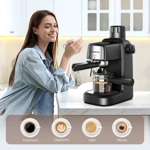 Level Up Your Brew Game With This Compact 3.5 Bar Espresso Machine 800W Pump Hot Iced Coffee Maker Featuring Zero Drama Switch Controls For Perfect Shots Always, woman enjoying espresso in kitchen.