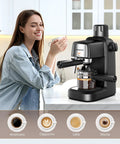 Woman enjoying coffee with Compact 3.5 Bar Espresso Machine With Integrated Milk Frother And 800W Preheat Function, 4 Cup Home Coffee Maker.