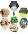 Collage showing Must-Have Mesh Beach Toy Bag With Zipper Top, green, with lifestyle scenes of beach, park, fashion, and more activities.