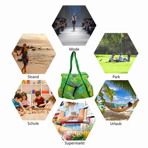 Collage showing Must-Have Mesh Beach Toy Bag With Zipper Top, green, with lifestyle scenes of beach, park, fashion, and more activities.