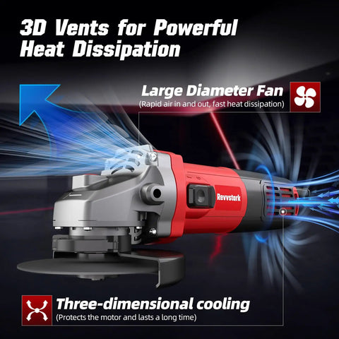 Beast Pro Grade 7.5 Amp Angle Grinder 4 1/2 Inch showing 3D vents for heat dissipation and large diameter fan.