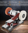 Hardcore Mini Belt Sander Workhorse Featuring Seven Variable Speed Controls, All Copper Motor Bench Grinder, Dual Function Polisher And Knife Sharpener on stainless steel base.