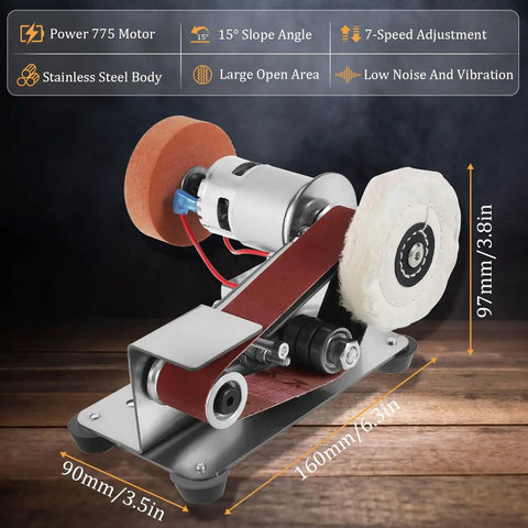 Hardcore Mini Belt Sander Workhorse Featuring Seven Variable Speed Controls, All Copper Motor Bench Grinder, Dual Function Polisher And Knife Sharpener on stainless steel base.
