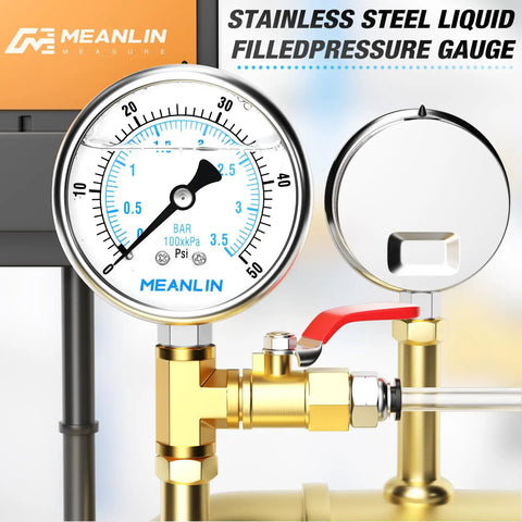 Liquid Filled Pressure Gauge, Stainless Steel 316 Joint, 1/4 NPT, 2.5 Inch Dial, Lower Mount, 0-50 PSI For Pool Systems