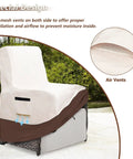 Heavy Duty Waterproof Outdoor Recliner Chair Cover for Patio and Lawn with air vents detail, beige and brown 600D Oxford.