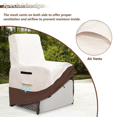 Heavy Duty Waterproof Outdoor Recliner Chair Cover for Patio and Lawn with air vents detail, beige and brown 600D Oxford.