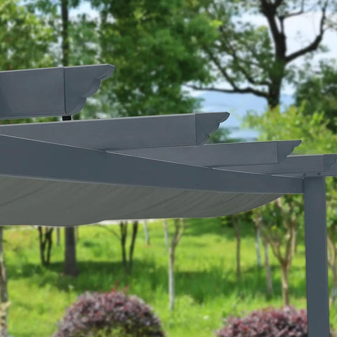 Close-up of 10 By 10 Ft Outdoor Pergola With Retractable Shade Canopy Matte Aluminum Frame Four Roller Shade Curtains Grape Trellis