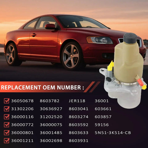 Heavy Duty Electric Servo Power Steering Pump For Volvo C30 C70 S40 V50 2004 To 2013 against a red Volvo car background.