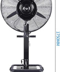 Heavy Duty Misting Pedestal Fan Delivers Badass Cooling Flow With Three Speed Levels For Gyms Workshops Or Grow Rooms, showing dimensions and design.