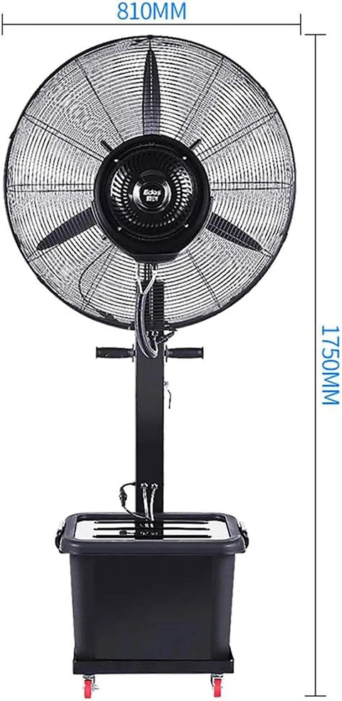 Heavy Duty Misting Pedestal Fan Delivers Badass Cooling Flow With Three Speed Levels For Gyms Workshops Or Grow Rooms, showing dimensions and design.