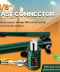 Front view of green 20-ton hydraulic porta power kit with short cylinder and hand pump