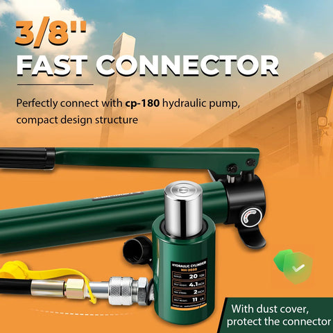 Front view of green 20-ton hydraulic porta power kit with short cylinder and hand pump