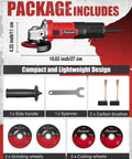 AVID Power 4-1/2in angle grinder front view with side handle, wrench, 2 grinding wheels, 2 cutting wheels.