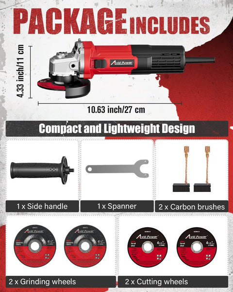AVID Power 4-1/2in angle grinder front view with side handle, wrench, 2 grinding wheels, 2 cutting wheels.