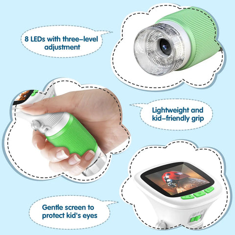 Recordable Kids Digital Microscope With 2.4 Inch IPS Screen showing LED light, handheld grip, and kid-friendly display