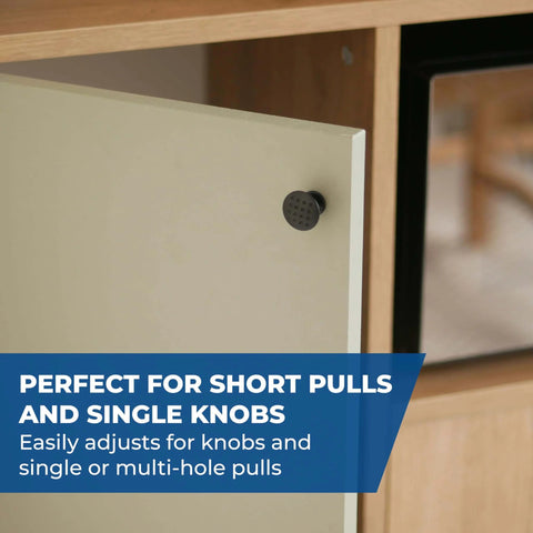 Cabinet door with single knob showing Portable Cabinet Hardware Jig With Edge Guide For Knobs And Small Pulls in use