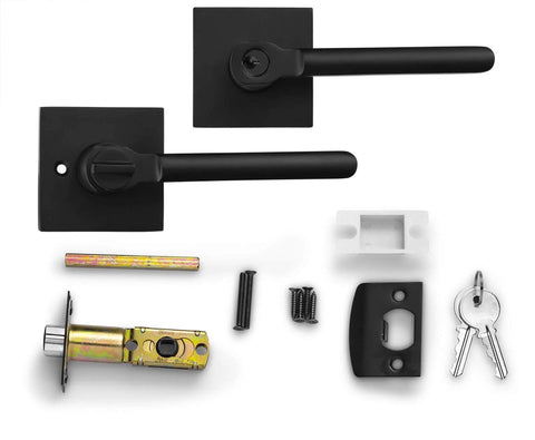 Entry Lever Door Handle Lock And Key Slim Square Locking Lever Set, black finish, components layout for front or office doors