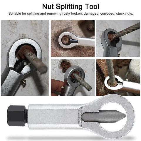 Beast Mode Heavy Duty Nut Splitter For Stuck, Rusted And Damaged Nuts Easy Nut Removal Tool showcasing usage on corroded fasteners