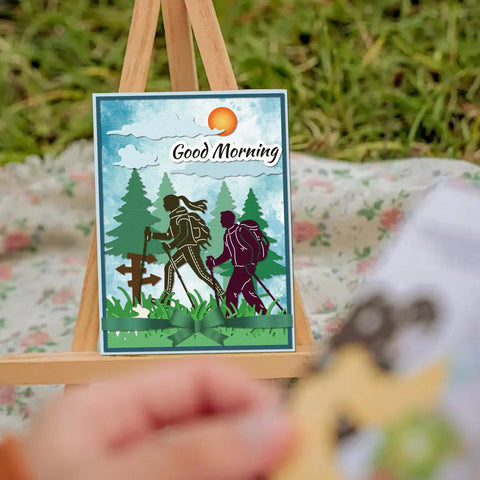Must Have Mountain Camping Climbers Cutting Dies Set For Card Making And Scrapbooking card with hiking silhouette scene