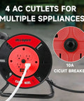 Open Cord Reel With Four Grounded Outlets, Heavy Duty Portable Hand Crank Power Cord Roller Organizer For 12/3 14/3 16/3 Cords, Red, Pro Grade Worksite Ready, Keeps Cables Tidy On Jobsites, In The Shop, And For DIY Projects, showing reel and outlets.