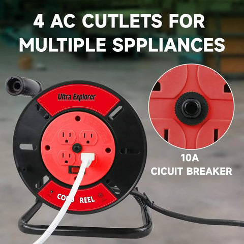 Open Cord Reel With Four Grounded Outlets, Heavy Duty Portable Hand Crank Power Cord Roller Organizer For 12/3 14/3 16/3 Cords, Red, Pro Grade Worksite Ready, Keeps Cables Tidy On Jobsites, In The Shop, And For DIY Projects, showing reel and outlets.