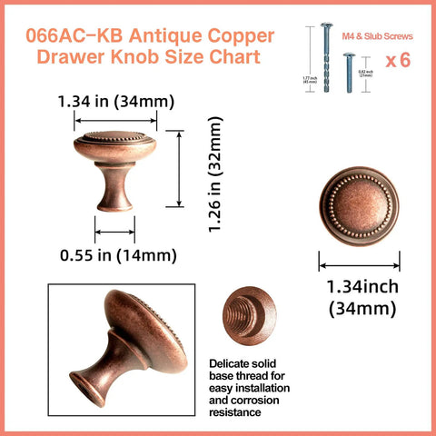 Six Pack Antique Copper Drawer Knobs Set Zinc Alloy Cabinet Hardware Vintage Style Pulls With Single Screw Holes For Kitchen Cabinets And Dressers Durable Easy Install Built Tough Timeless Look with size chart and screw details