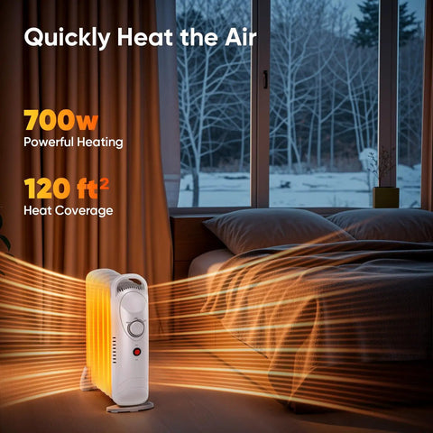 700W Portable Oil Radiator Heater For Small Rooms And Desks in bedroom setting with heat coverage for 120 sq ft.