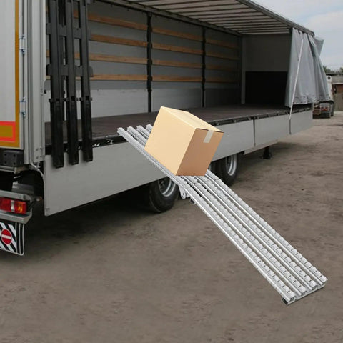 Foldable Unpowered Conveyor Roller Table Made To Last, Heavy Duty PE Belt With Four Rows Of Wheels For Warehouse Loading Dock And Factory, 78.74 Inches Long with a box loading from a truck.