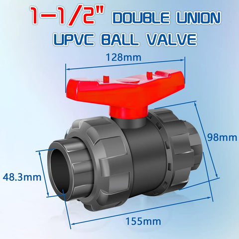 One And One Half Inch UPVC True Union Ball Valve Full Port Design With SCH 80 Socket Union Connections side view
