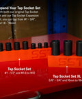 Tap Socket Wrench Three Piece Adapter Set on red surface showing various size options with black oxide coating.