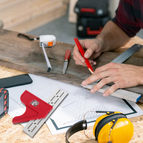 Metal Angle Ruler For Woodworking And Carpentry High Precision Protractor Tool on a workbench with carpentry tools