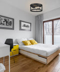 Dope Industrial Matte Black Flush Mount Ceiling Light Fixture With Two Lights E26 Sockets in modern bedroom setting