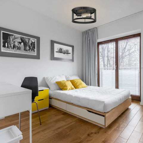 Dope Industrial Matte Black Flush Mount Ceiling Light Fixture With Two Lights E26 Sockets in modern bedroom setting