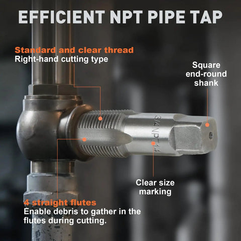 Six Piece NPT Pipe Tap Set Including One Inch Three Quarters Inch One Half Inch Three Eighths Inch One Quarter Inch And One Eighth Inch Taps For Pipe Thread Repair Re Threading Damaged Or Jammed Threads In Bearing Steel With Heavy Duty Storage Case