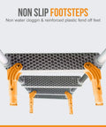 Folding 3 Step Aluminum Boat Ladder With Wide Non Slip Steps For Fishing Pontoon Boats Yacht And Dock Heavy Duty Marine Grade Aluminum Cushioned Gunwale Hooks Adjustable Legs Safe Secure Boarding non-slip footstep close-up