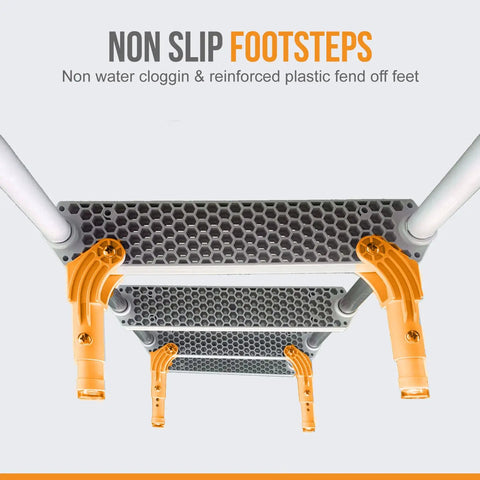 Folding 3 Step Aluminum Boat Ladder With Wide Non Slip Steps For Fishing Pontoon Boats Yacht And Dock Heavy Duty Marine Grade Aluminum Cushioned Gunwale Hooks Adjustable Legs Safe Secure Boarding non-slip footstep close-up