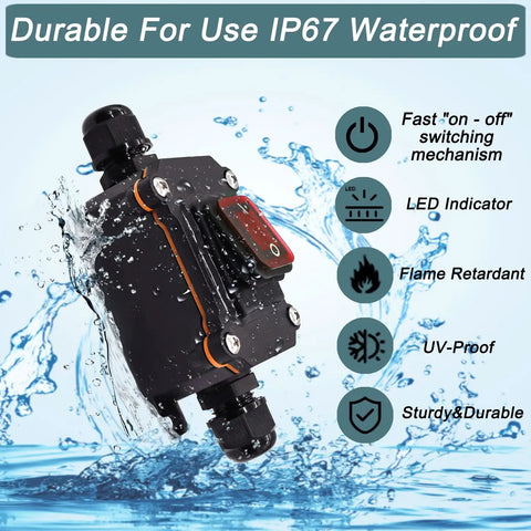 Beefy IP67 Waterproof Inline Switch For 12V DC Systems With Red LED Rocker Button, outdoor waterproof switch in black housing