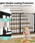 36 Inch Extra Tall Baby Gate For Stairs And Doorways With Walk Through Door Fits 29.5 To 48.8 Inch Openings Auto Close Pressure Mounted Pet Gate Extra Wide For Dogs Black installed at stairs with child playing